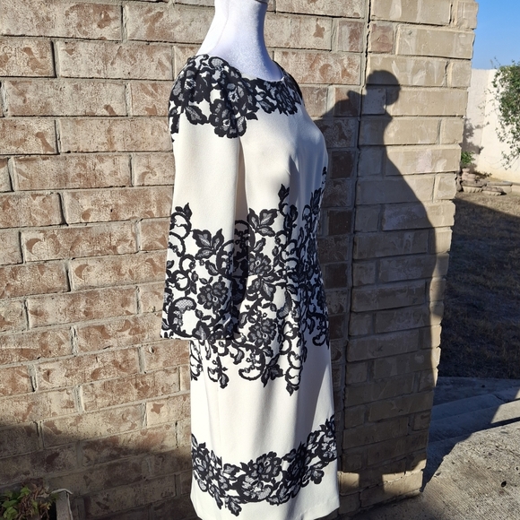 Adrianna Papell Ivory with Black Floral Lace-Print Sheath Dress  Women Size 10 - Picture 6 of 16